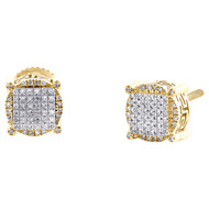 10K Yellow Gold Diamond 8mm Halo 3D Greek Key Round Square Stud Earrings 0.15 CT