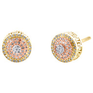 10K Tri-Tone Gold Diamond Unisex 9mm Tiered Round Halo Stud Earrings 0.15 CT