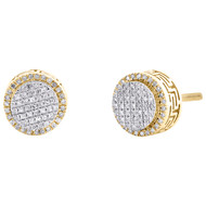 10K Yellow Gold Real Diamond 7mm Halo 3D Greek Key Circle Stud Earrings 1/6 CT
