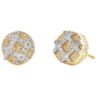 10K Two Tone Gold Diamond 10mm Checkered Circle Geometric Stud Earrings 0.28 CT