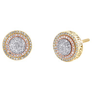 10K Tri-Tone Gold Genuine Diamond 10mm Tiered Round Halo Stud Earrings 1/4 CT