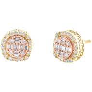 10K Two-Tone Gold Baguette Diamond 10mm Tiered Round Halo Stud Earrings 1/2 CT