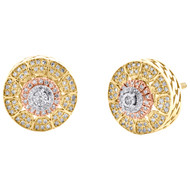 10K Tri-Color Gold Real Diamond 11mm Tier Geometric Circle Stud Earrings 0.22 CT