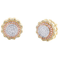 10K Tri-Color Gold Real Diamond 10mm Tiered Floral Flower Stud Earrings 0.28 CT