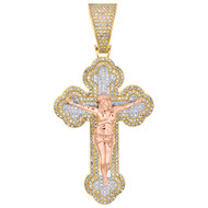 10K Tri-Color Gold Real Diamond Men's Cross Charm Jesus Crucifix Pendant 4/5 CT