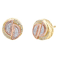 10K Tri-Color Gold Diamond 11mm Offset Pie Geometric Circle Stud Earrings 1/4 CT