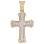 10K Tri-Color Gold Genuine Diamond Men's Tier Charm Budded Cross Pendant 0.65 CT