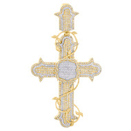 10K Two Tone Gold Diamond Men's Charm Budded Cross w/ Vines Wreath Pendant 1 CT