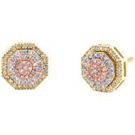10K Tri-Color Gold Genuine Diamond 8mm Geometric Octagon Stud Earrings 0.15 CT