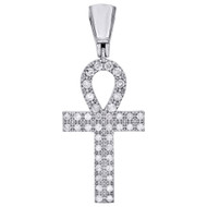 10K White Gold Diamond Prong Set Ankh Cross  1.6" Pendant 2 Row Charm 3/4 CT.
