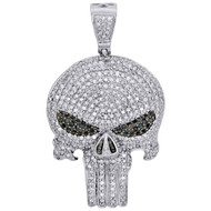 10K White Gold White & Black Diamond Punisher Skull 1.70" Pendant Charm 1.65 CT.