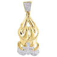 Diamond Praying Hands Pendant 10K Yellow Gold Round Pave Rosary Charm 0.26 Tcw.