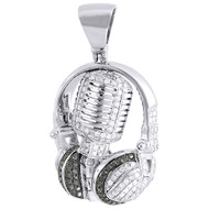 Diamond Microphone Pendant Mens 10K White Gold Round Headphone Charm 1 Tcw.