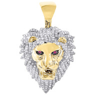 10K Yellow Gold White Diamond Pink Eyes Lion Head Pendant Pave Charm 1.25 Ct.