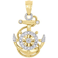 Solid 10K Yellow Gold Diamond Anchor Steering Wheel Pendant 1.90" Charm 1.16 CT.