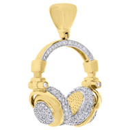 10K Yellow Gold 3D DJ Headphones Genuine Diamond Pendant 1.50" Mens Charm 1 Ct.
