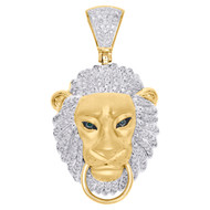 10K Yellow Gold Real Round Diamond Lion Head Pendant 1.85" Pave Charm 0.98 CT.