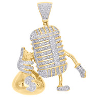 10K Yellow Gold Diamond Microphone Money Bag Pendant 1.70" Mens Charm 0.96 CT.