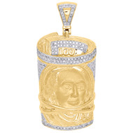 10K Yellow Gold Diamond $100 Bill Rolled Up Benjamin Franklin Face Charm 0.71 CT