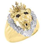 10K Yellow Gold Canary Round Diamond Lion Head King Crown Pinky Ring 0.35 Ct.