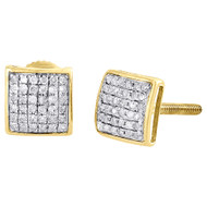 Diamond Square Domed Studs 10K Yellow Gold Round Pave Fashion Earrings 0.20 Tcw.
