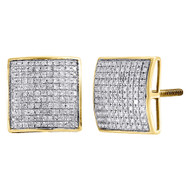 Diamond Square Domed Studs 10K Yellow Gold Round Pave Fashion Earrings 0.65 Tcw.