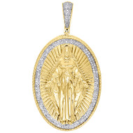 10K Yellow Gold Miraculous Virgin Mary Diamond Pendant Pave Oval Charm 0.55 Ct.
