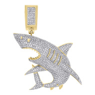 10K Yellow Gold Diamond Great White Shark Jaws Pendant 1.75" Mens Charm 1.39 Ct.