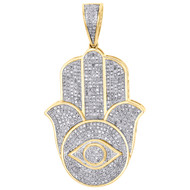 10K Yellow Gold Real Diamond Evil Eye Hamsa Hand Pendant 1.9" Pave Charm 1.30 CT