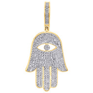 10K Yellow Gold Diamond Hand of Fatima Hamsa Amulet Pendant 1.50" Charm 0.45 CT.