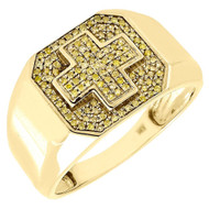 Yellow Diamond Fashion Pinky Ring Mens 10K Gold Round Cross Design 0.22 ct.