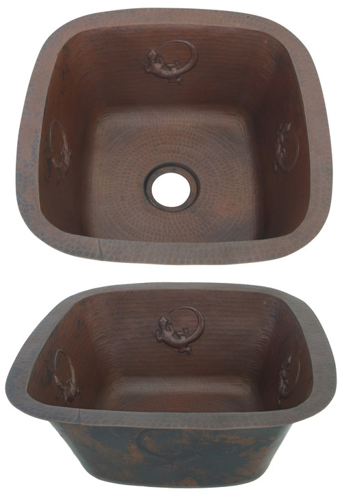Square copper bar sink with gecko design