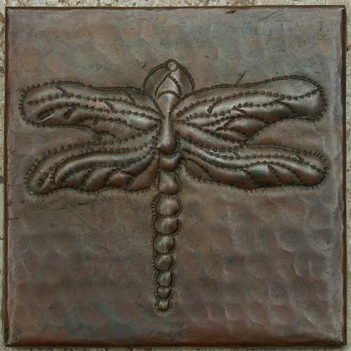 Hammered copper tile with dragonfly design