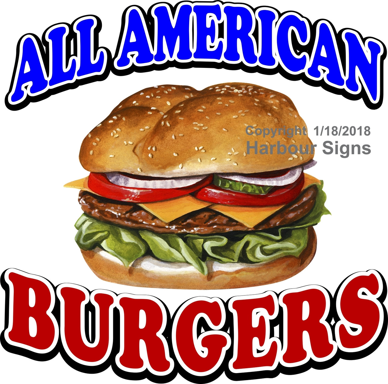 All American Burgers Hamburger Vinyl DECAL Food Concession Harbour Signs
