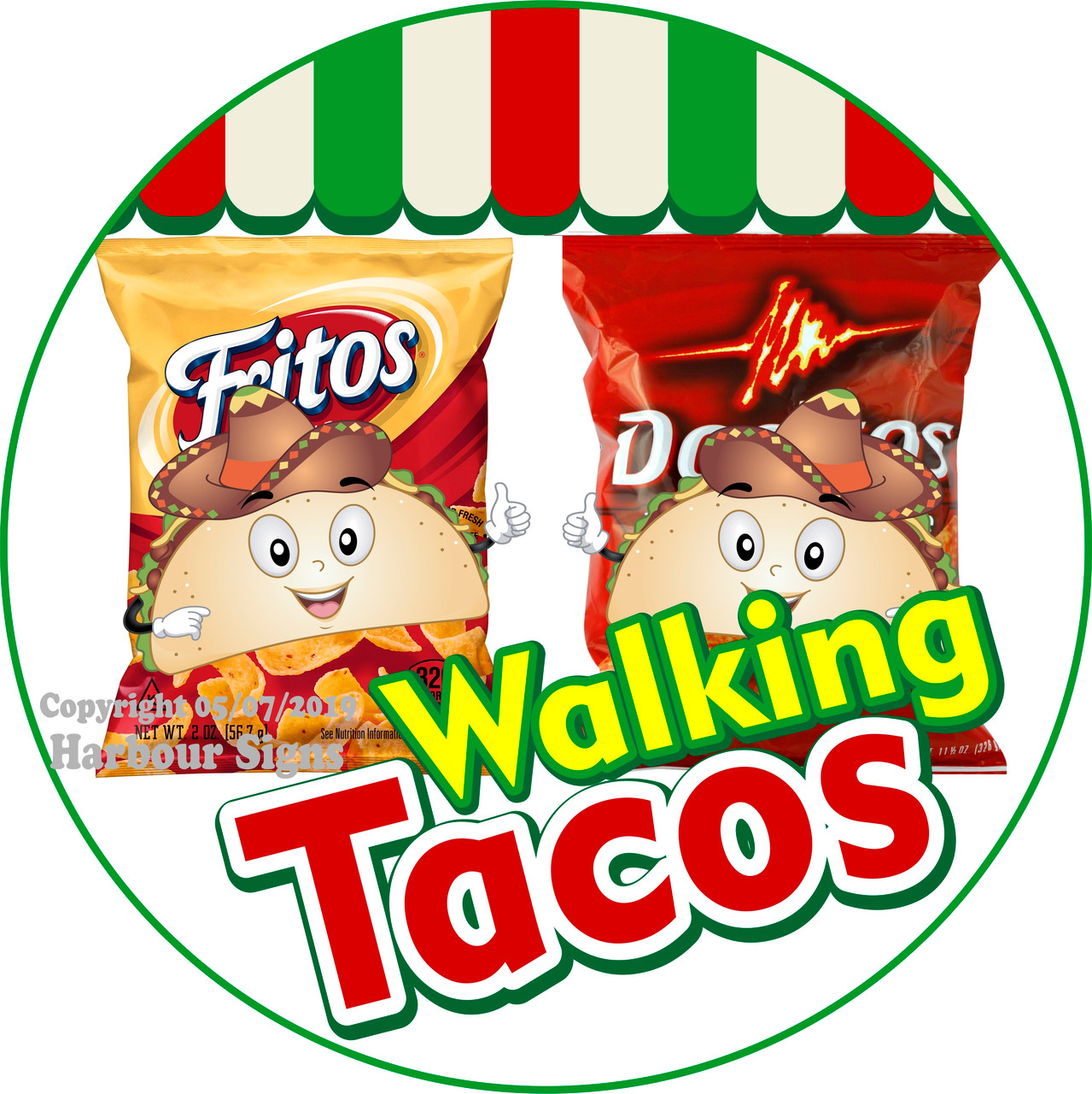 Walking Tacos Vinyl Decal Circle Food Truck Concession Sticker Harbour Signs