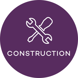White icon on a purple background featuring a wrench and screwdriver, captioned "Construction"