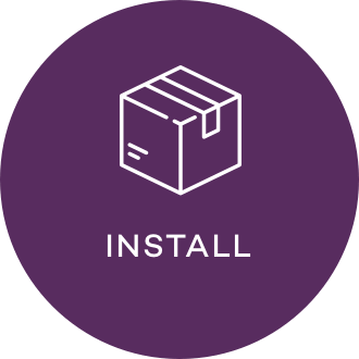 White icon on a purple background featuring a packaged cabinet, captioned "install"
