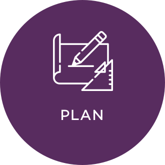White icon on a purple background featuring a pen and paper, captioned "plan"