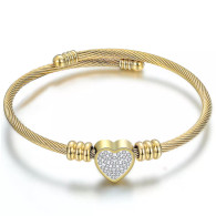 LUXE SS WIRE BANGLE - DELICATE PAVE CRYSTALS HEART (GOLD)