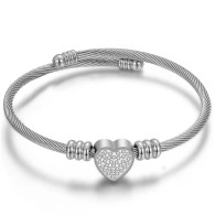 LUXE SS WIRE BANGLE - DELICATE PAVE CRYSTALS HEART (SILVER)