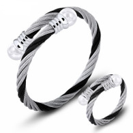 LUXE SS WIRE BANGLE & RING SET - BLACK-SILVER