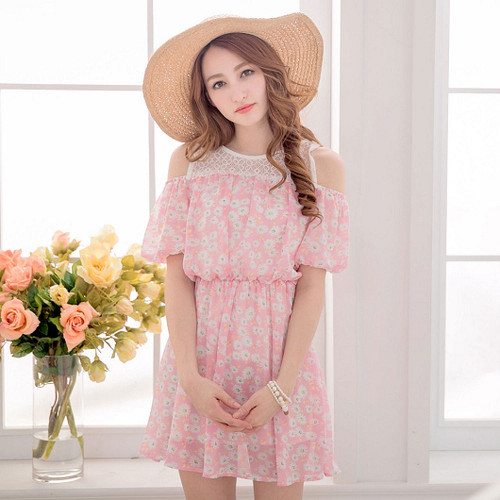 Open Shoulder Lace Stitching  Floral Dress
