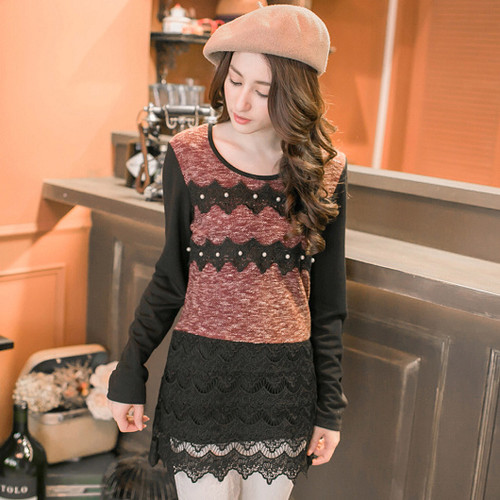 Pearl Mixed Woven Lace Stitching T-Shirt