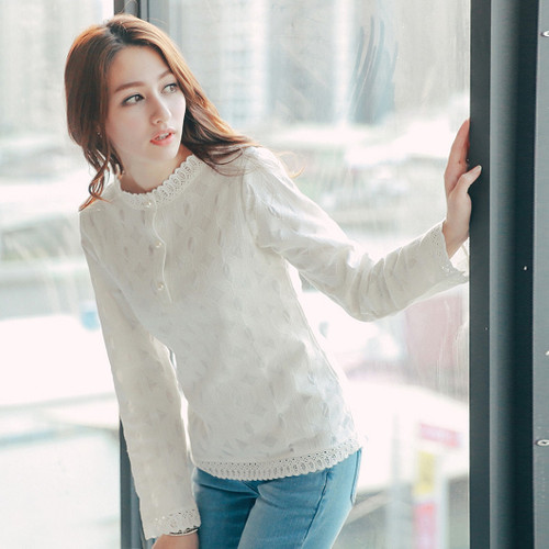 Pearl Buckles Lace Trim Blouse