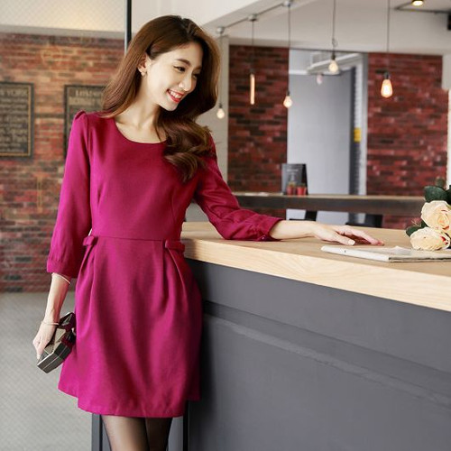 Bow Pleated Woolen Dress