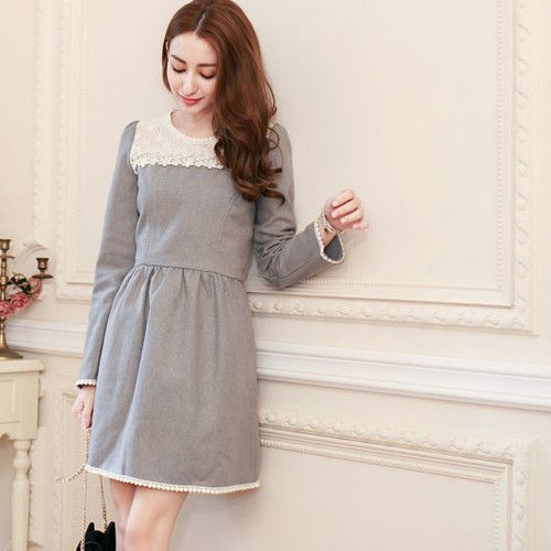 Gray Lace Stitching Woolen Dress 