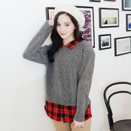 Stitching Plaid Shirt Fake Two Piece Fleece Pullover