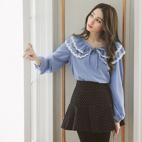 Lace Trim Tie Neck Blouse