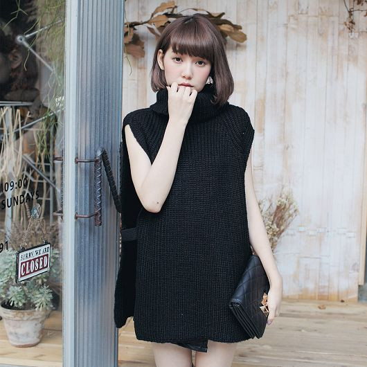 Turtleneck Side Slits Knit Vest 