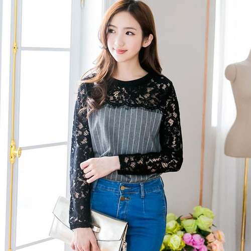 Lace Collar Striped Top